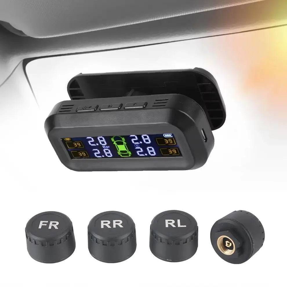 Solar-Powered Tire Pressure Monitoring System with Temperature Alerts - External Battery Version for Enhanced Safety