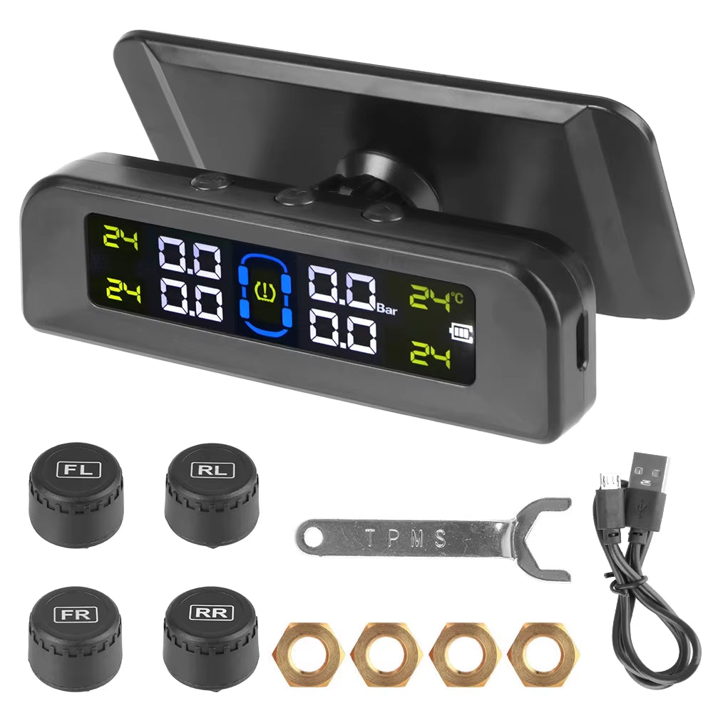 Solar-Powered Tire Pressure Monitoring System with Temperature Alerts - External Battery Version for Enhanced Safety
