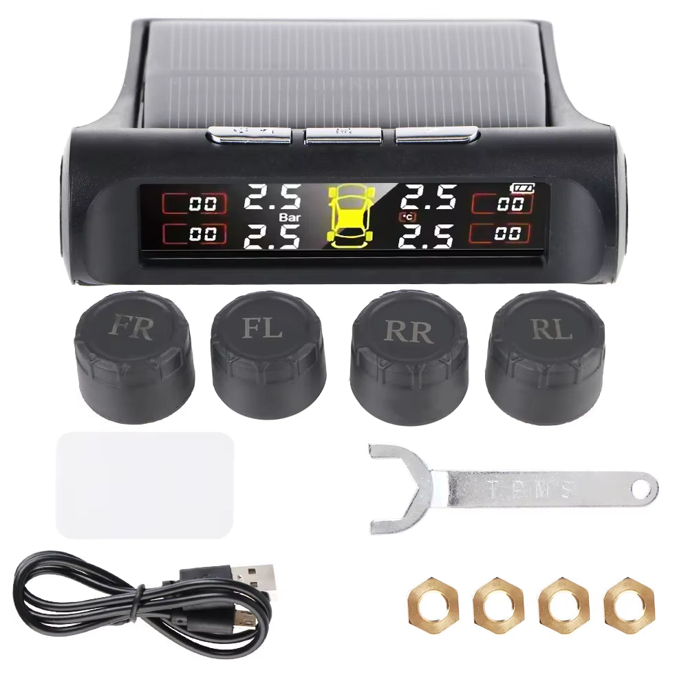 Solar-Powered Tire Pressure Monitoring System with Temperature Alerts - External Battery Version for Enhanced Safety