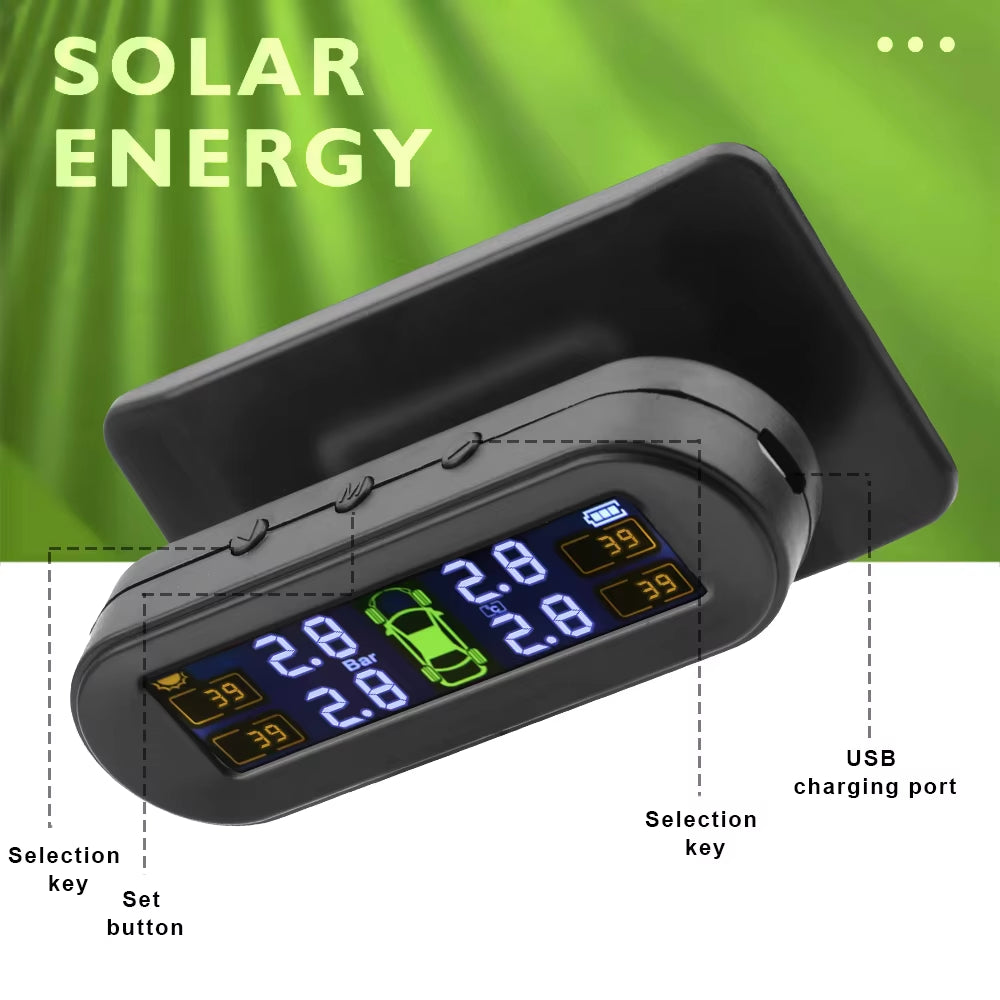 Solar-Powered Tire Pressure Monitoring System with Temperature Alerts - External Battery Version for Enhanced Safety