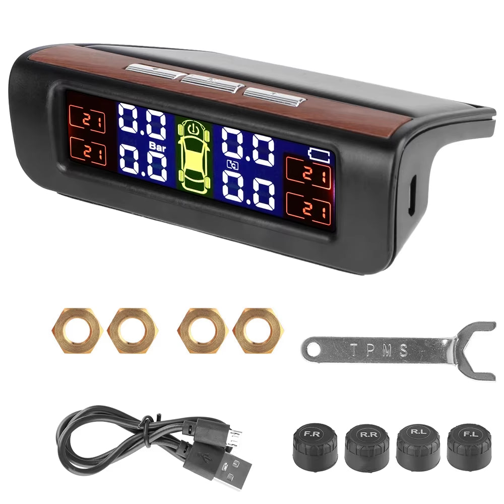 Solar-Powered Tire Pressure Monitoring System with Temperature Alerts - External Battery Version for Enhanced Safety