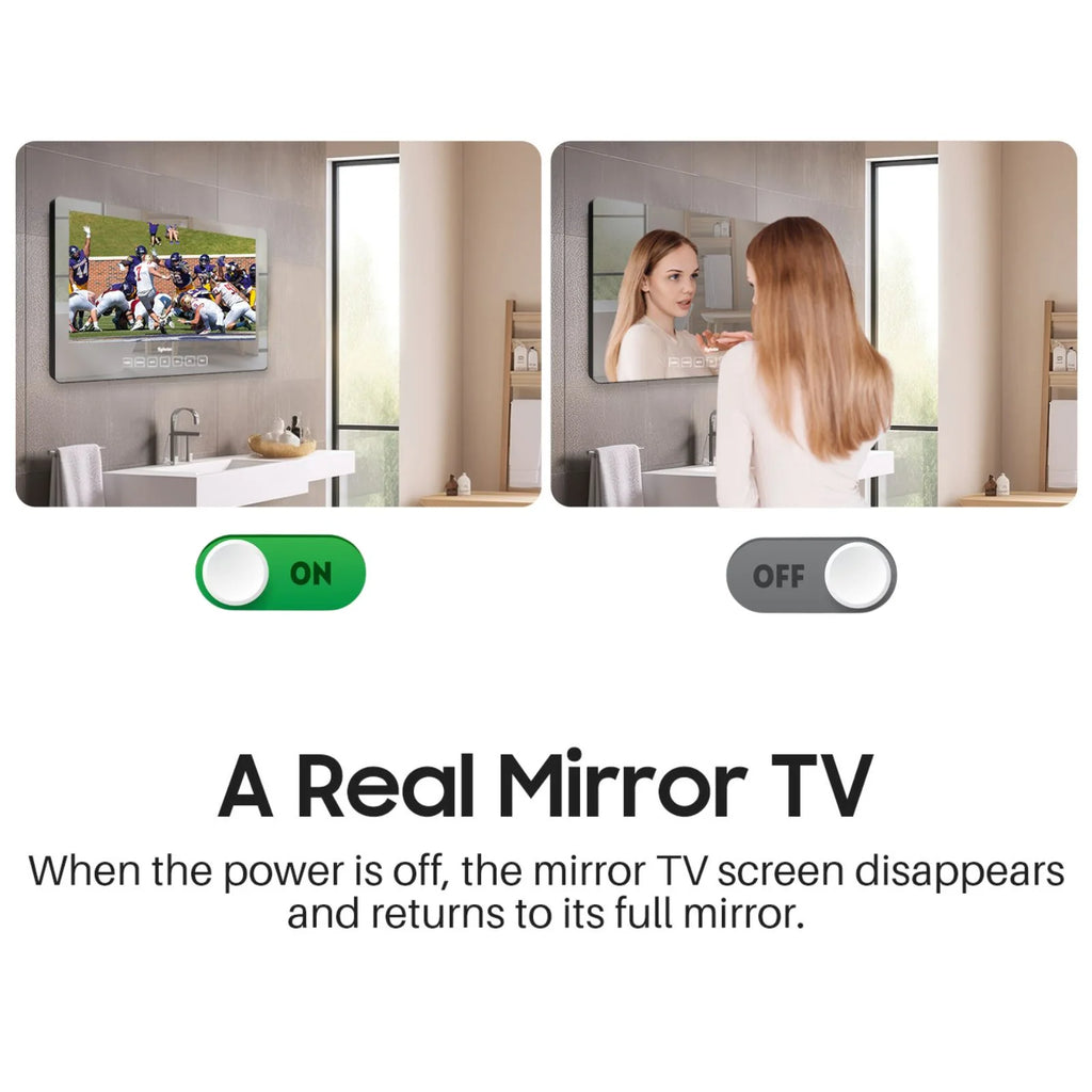 19” Smart Bathroom Mirror TV – Waterproof IP66 Full HD 1080P Google Smart TV with WiFi & Bluetooth, Ultra-Bright 500 Nits Display, NTSC/ATSC Tuner for Bathroom, Shower, Bathtub, Spa & Hotel (Wall Mount)