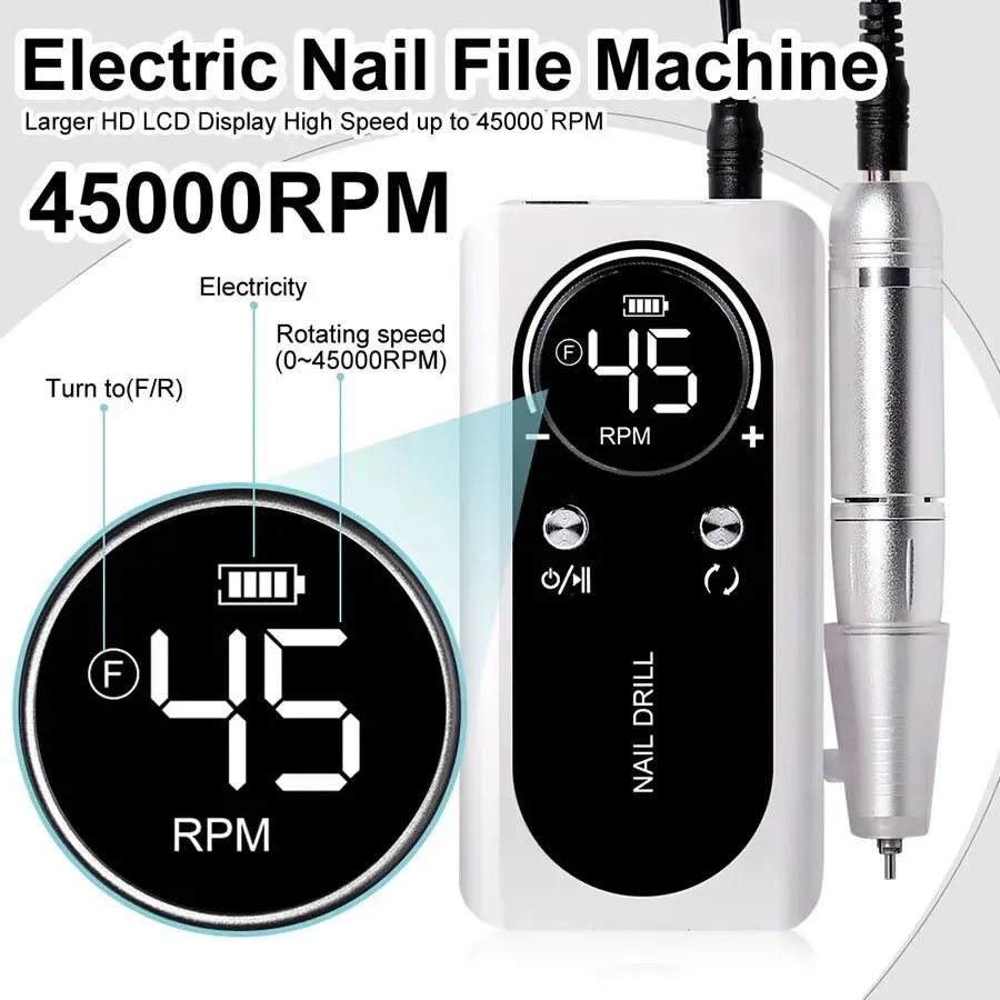 High-Speed 45000RPM Rechargeable Electric Nail Drill - Low Noise Portable Manicure Tool for Professionals