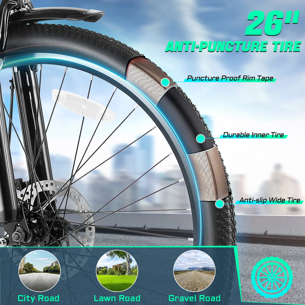 UL2849 Certified 26" Electric Bike for Adults - Powerful 750W Motor, 48V Battery, 19.8 MPH Speed, 7-Speed Commuter Ebike with Reliable Disc Brakes