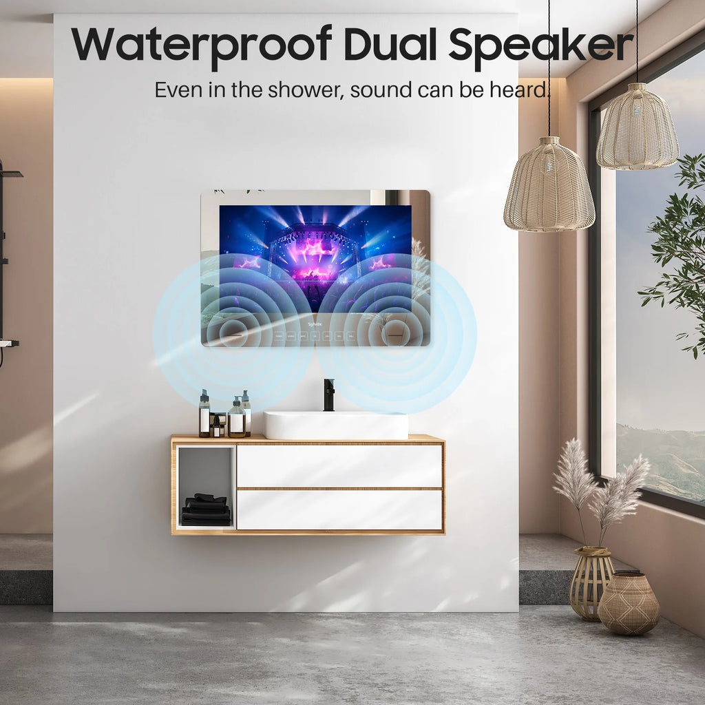 19” Smart Bathroom Mirror TV – Waterproof IP66 Full HD 1080P Google Smart TV with WiFi & Bluetooth, Ultra-Bright 500 Nits Display, NTSC/ATSC Tuner for Bathroom, Shower, Bathtub, Spa & Hotel (Wall Mount)