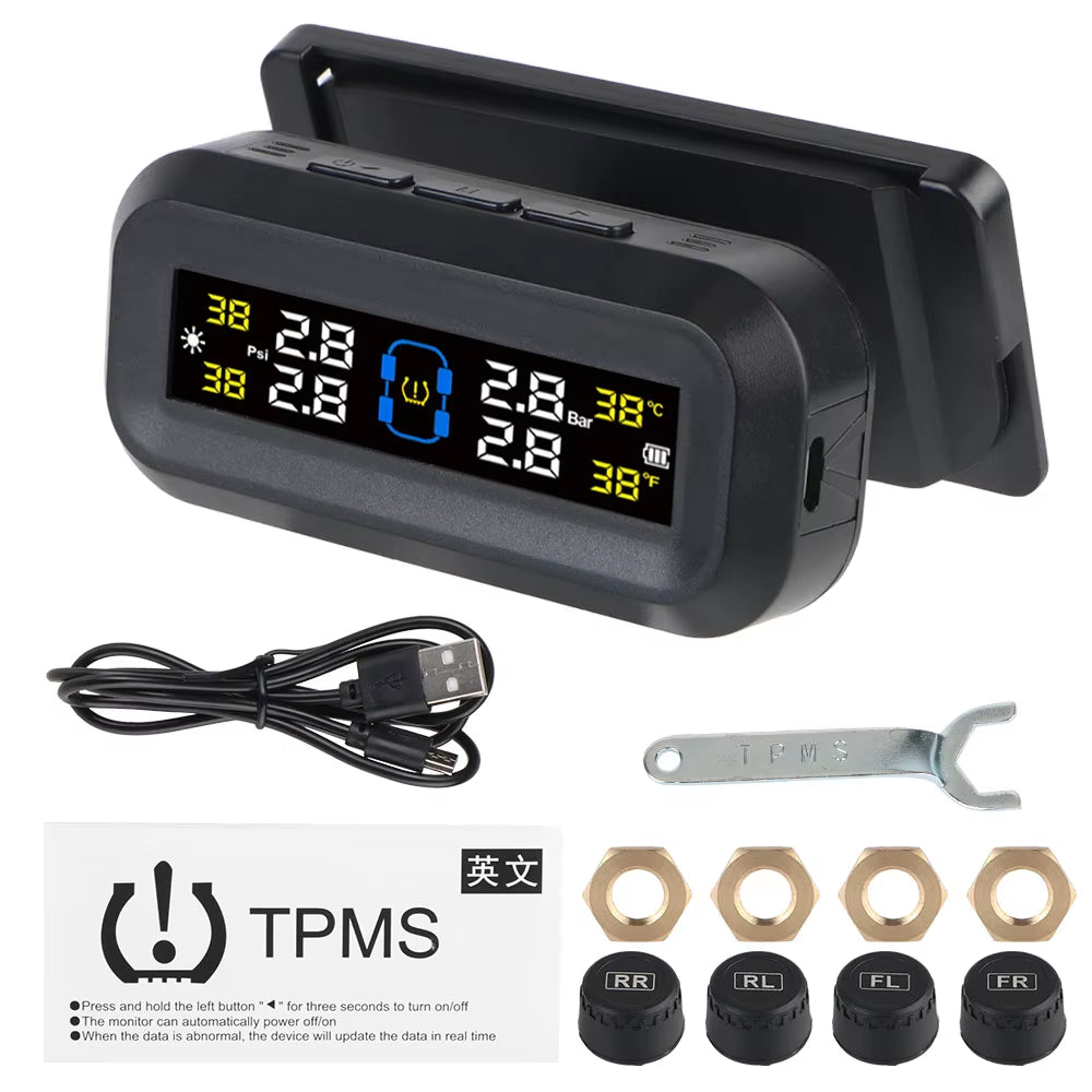 Solar-Powered Tire Pressure Monitoring System with Temperature Alerts - External Battery Version for Enhanced Safety