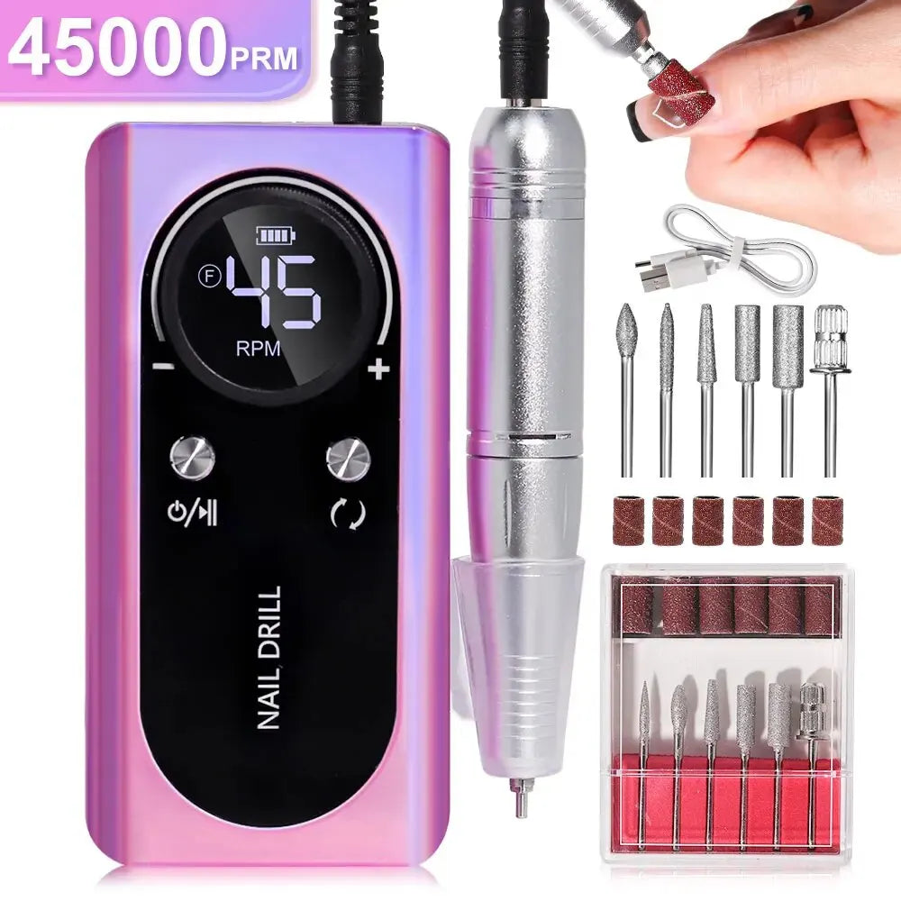 High-Speed 45000RPM Rechargeable Electric Nail Drill - Low Noise Portable Manicure Tool for Professionals