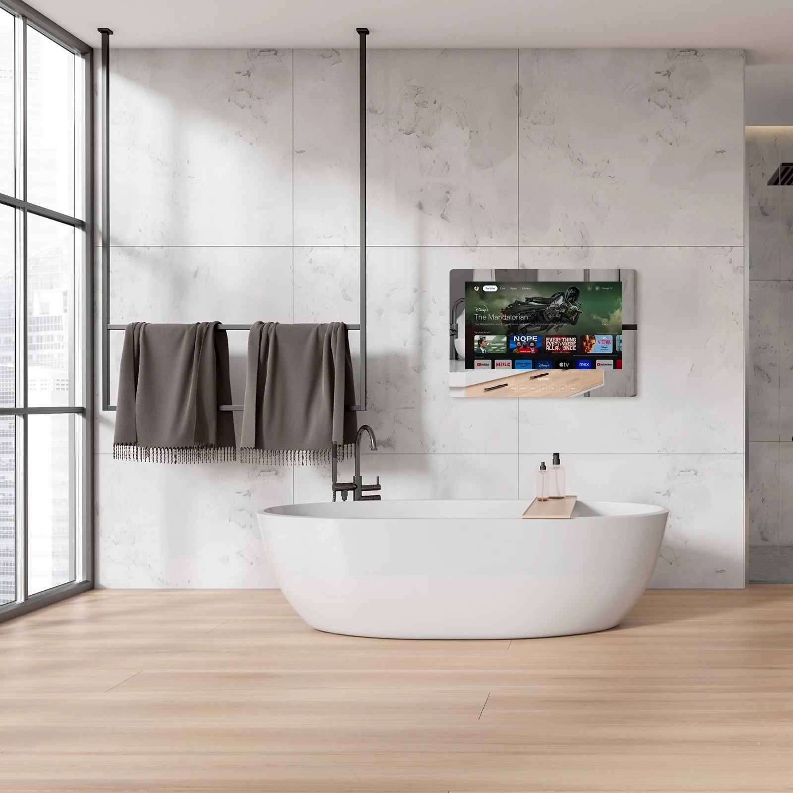 19” Smart Bathroom Mirror TV – Waterproof IP66 Full HD 1080P Google Smart TV with WiFi & Bluetooth, Ultra-Bright 500 Nits Display, NTSC/ATSC Tuner for Bathroom, Shower, Bathtub, Spa & Hotel (Wall Mount)
