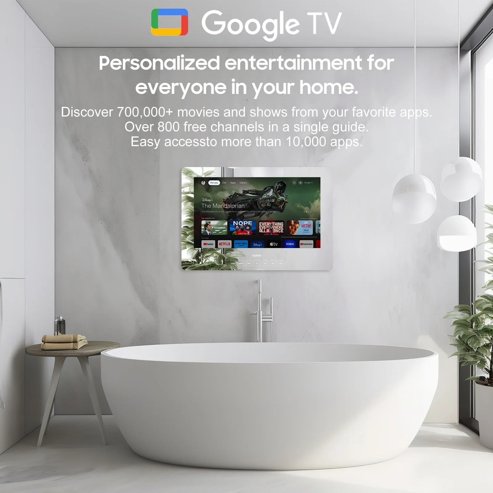 19” Smart Bathroom Mirror TV – Waterproof IP66 Full HD 1080P Google Smart TV with WiFi & Bluetooth, Ultra-Bright 500 Nits Display, NTSC/ATSC Tuner for Bathroom, Shower, Bathtub, Spa & Hotel (Wall Mount)