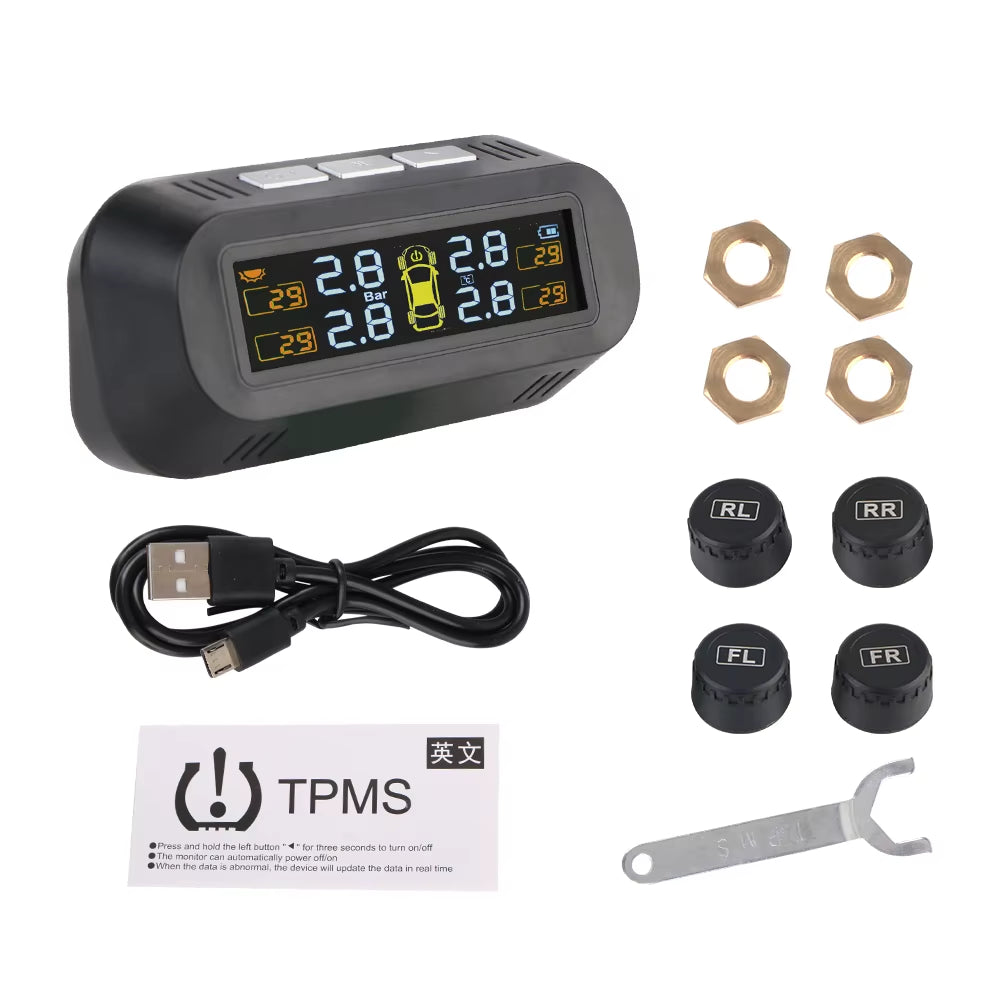 Solar-Powered Tire Pressure Monitoring System with Temperature Alerts - External Battery Version for Enhanced Safety