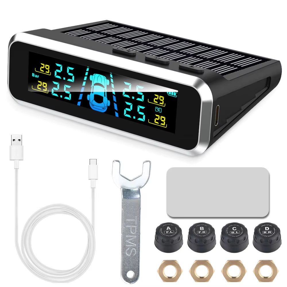 Solar-Powered Tire Pressure Monitoring System with Temperature Alerts - External Battery Version for Enhanced Safety