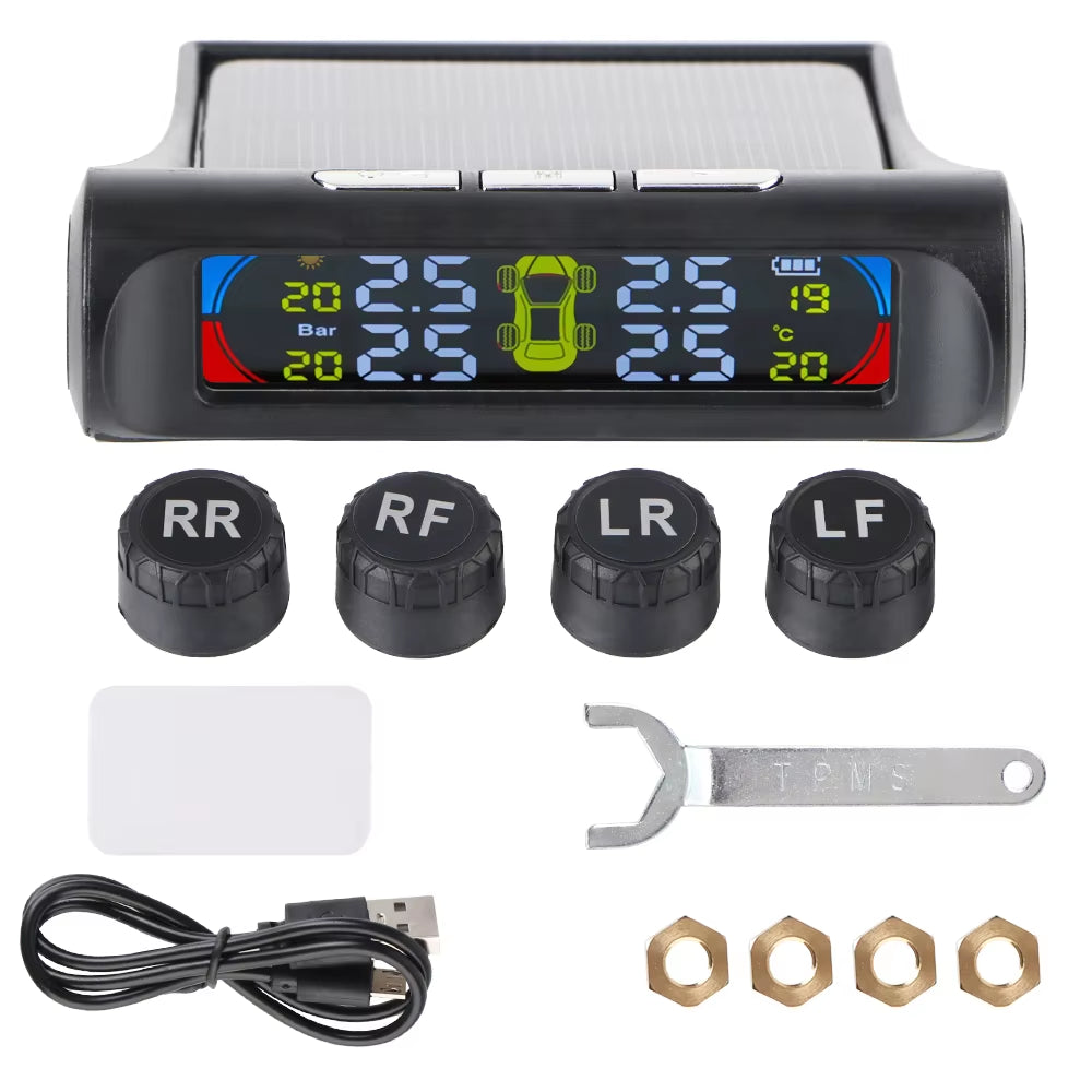 Solar-Powered Tire Pressure Monitoring System with Temperature Alerts - External Battery Version for Enhanced Safety