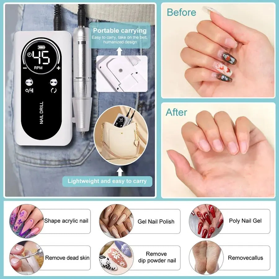 High-Speed 45000RPM Rechargeable Electric Nail Drill - Low Noise Portable Manicure Tool for Professionals