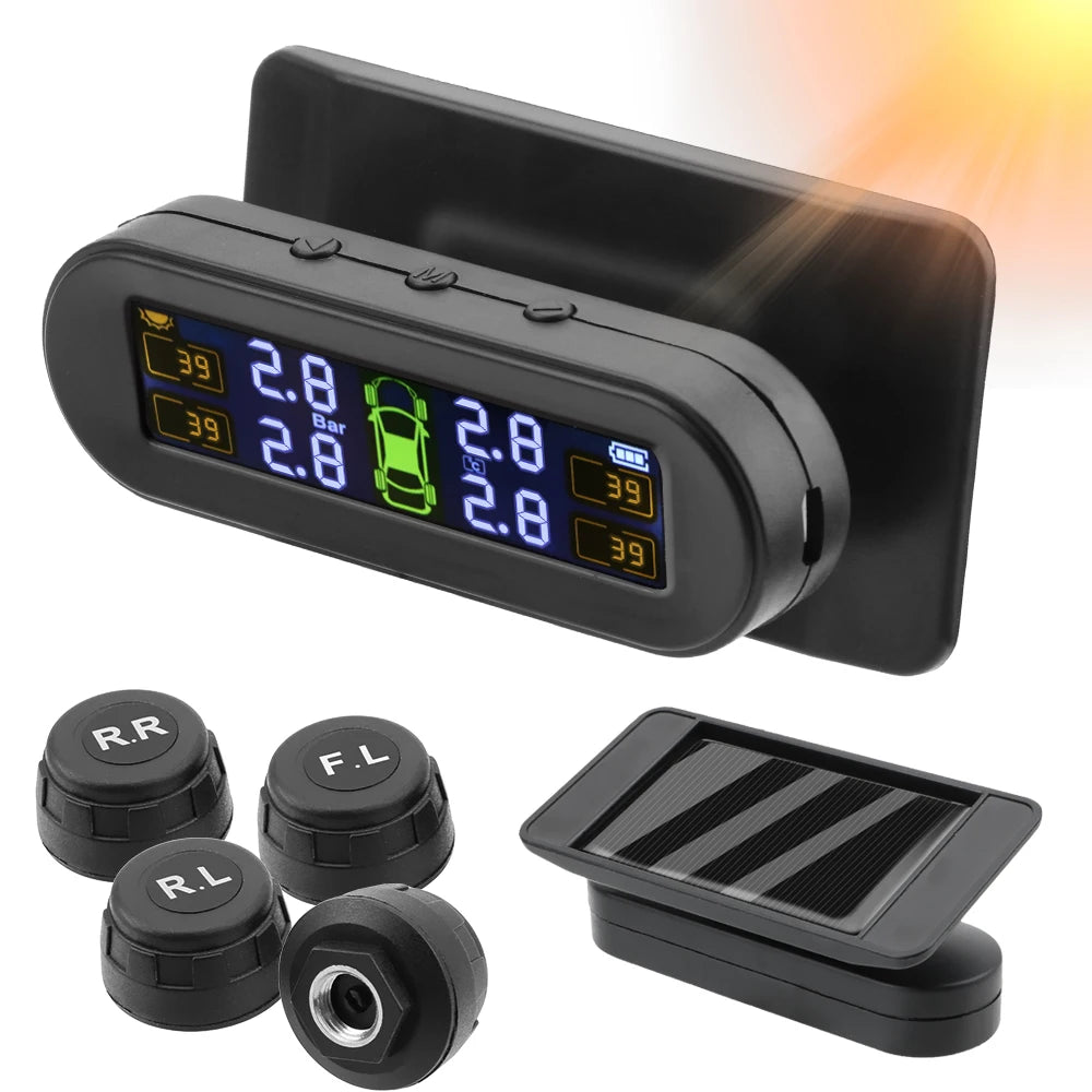 Solar-Powered Tire Pressure Monitoring System with Temperature Alerts - External Battery Version for Enhanced Safety