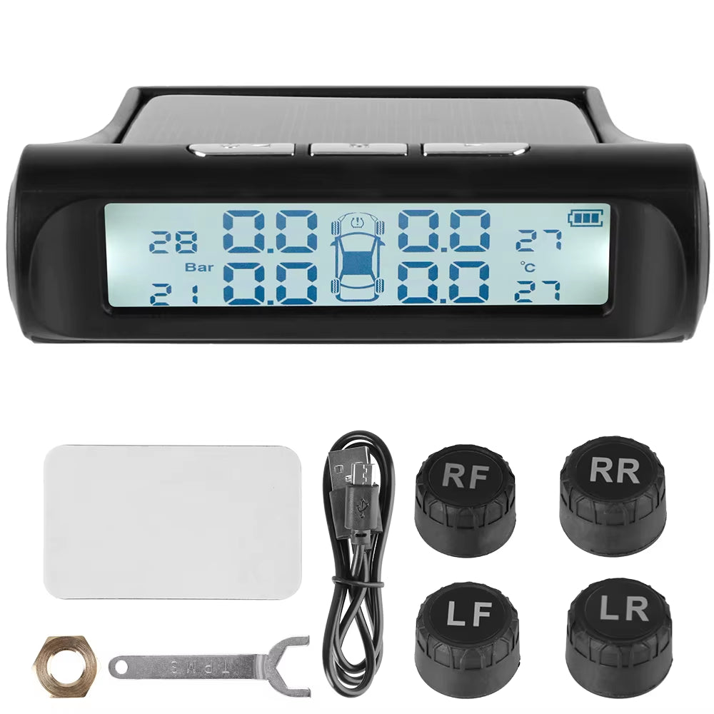 Solar-Powered Tire Pressure Monitoring System with Temperature Alerts - External Battery Version for Enhanced Safety