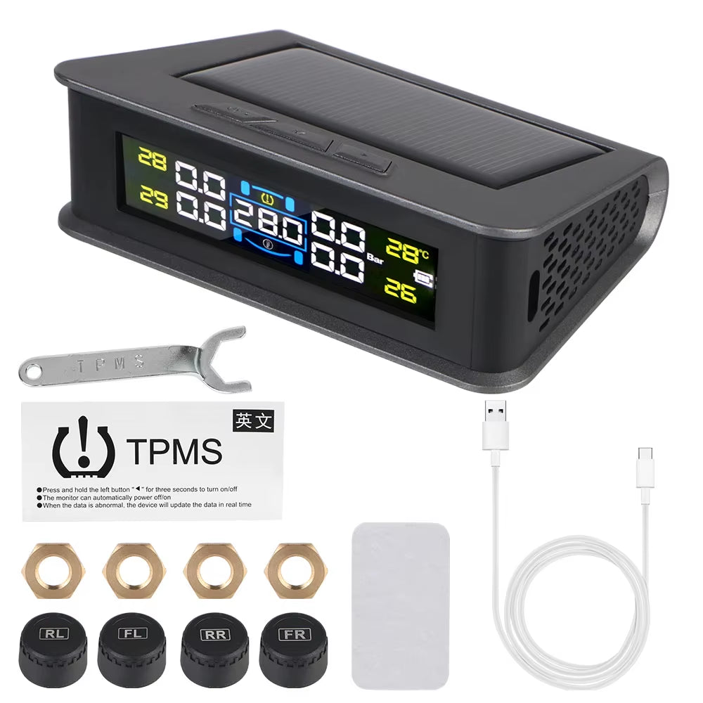 Solar-Powered Tire Pressure Monitoring System with Temperature Alerts - External Battery Version for Enhanced Safety