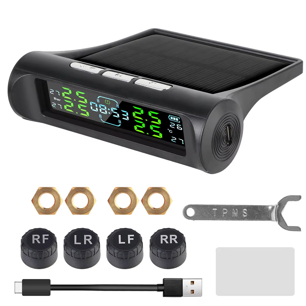 Solar-Powered Tire Pressure Monitoring System with Temperature Alerts - External Battery Version for Enhanced Safety