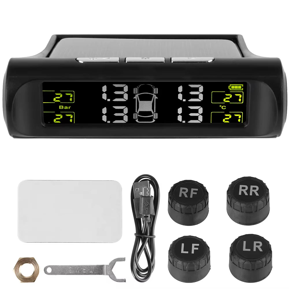 Solar-Powered Tire Pressure Monitoring System with Temperature Alerts - External Battery Version for Enhanced Safety