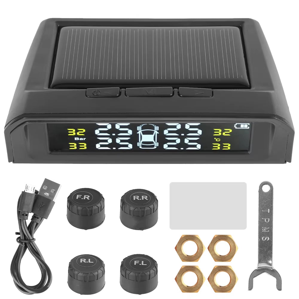 Solar-Powered Tire Pressure Monitoring System with Temperature Alerts - External Battery Version for Enhanced Safety