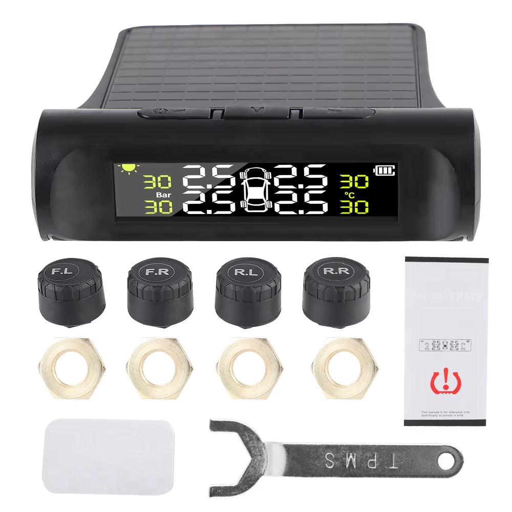 Solar-Powered Tire Pressure Monitoring System with Temperature Alerts - External Battery Version for Enhanced Safety