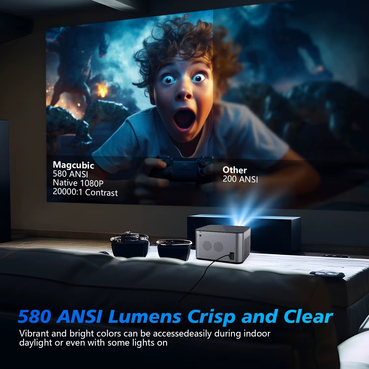 4K Android 11 Smart Projector - 580 ANSI Lumens, Full HD 1920x1080P, Wifi 6 & Bluetooth 5.0, Voice Control for Ultimate Home Theater Experience