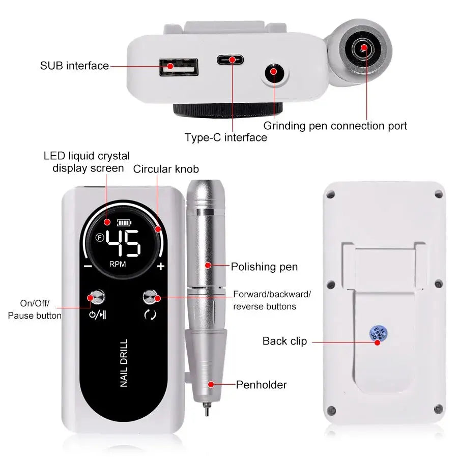 High-Speed 45000RPM Rechargeable Electric Nail Drill - Low Noise Portable Manicure Tool for Professionals