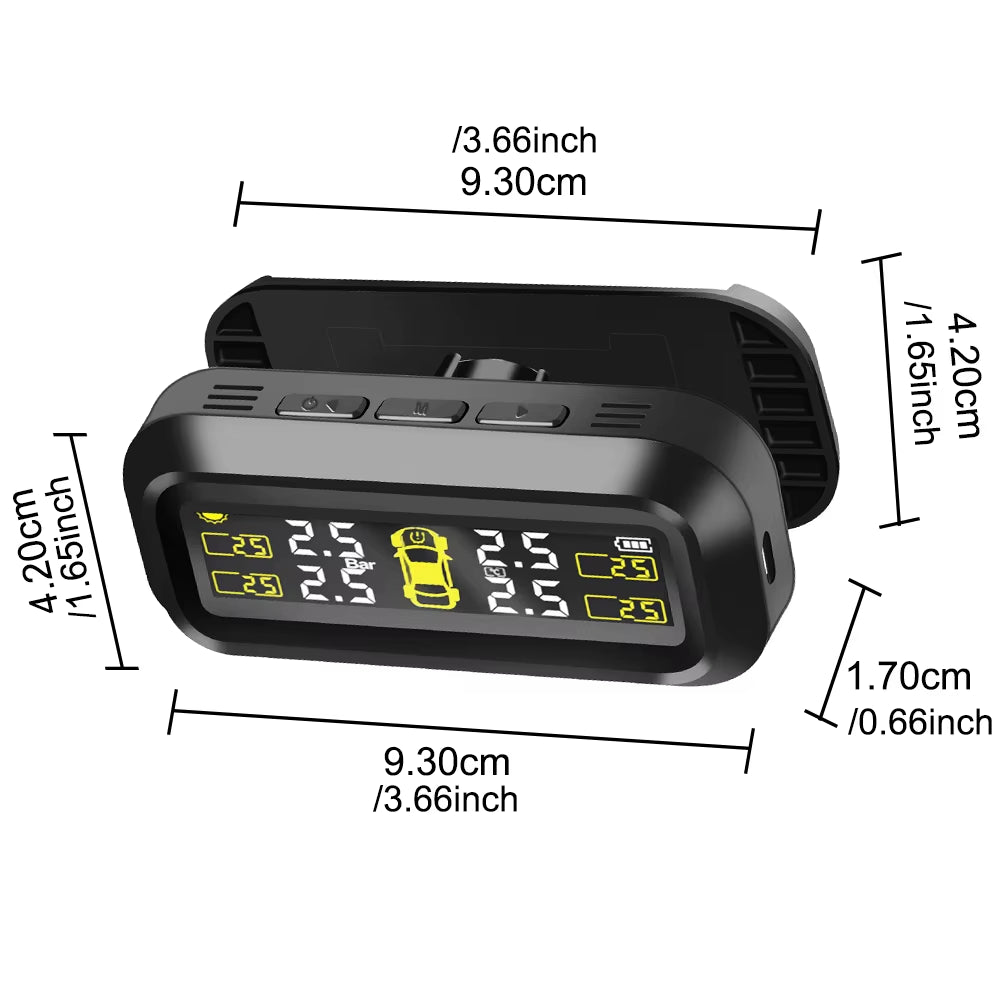 Solar-Powered Tire Pressure Monitoring System with Temperature Alerts - External Battery Version for Enhanced Safety