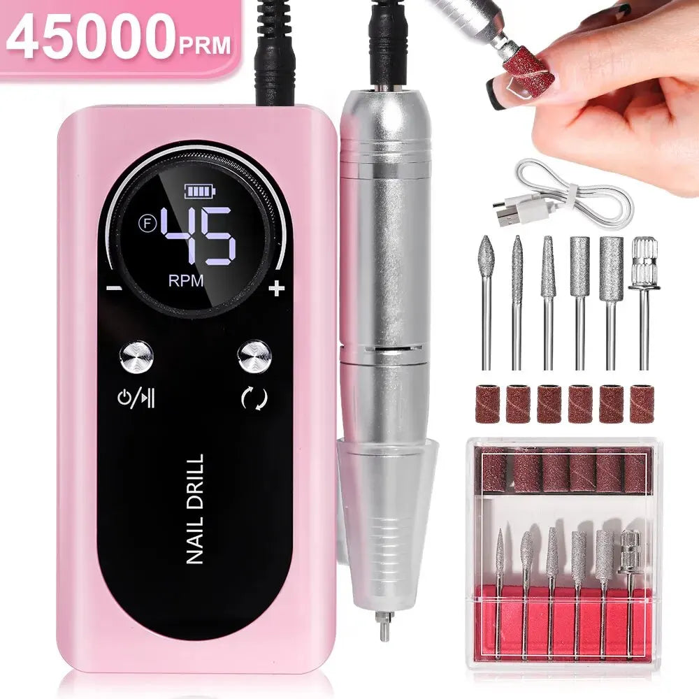 High-Speed 45000RPM Rechargeable Electric Nail Drill - Low Noise Portable Manicure Tool for Professionals