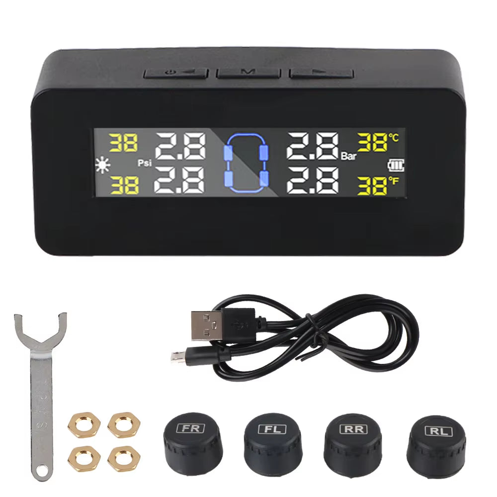 Solar-Powered Tire Pressure Monitoring System with Temperature Alerts - External Battery Version for Enhanced Safety