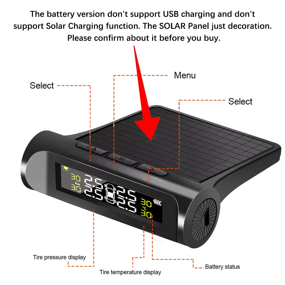 Solar-Powered Tire Pressure Monitoring System with Temperature Alerts - External Battery Version for Enhanced Safety