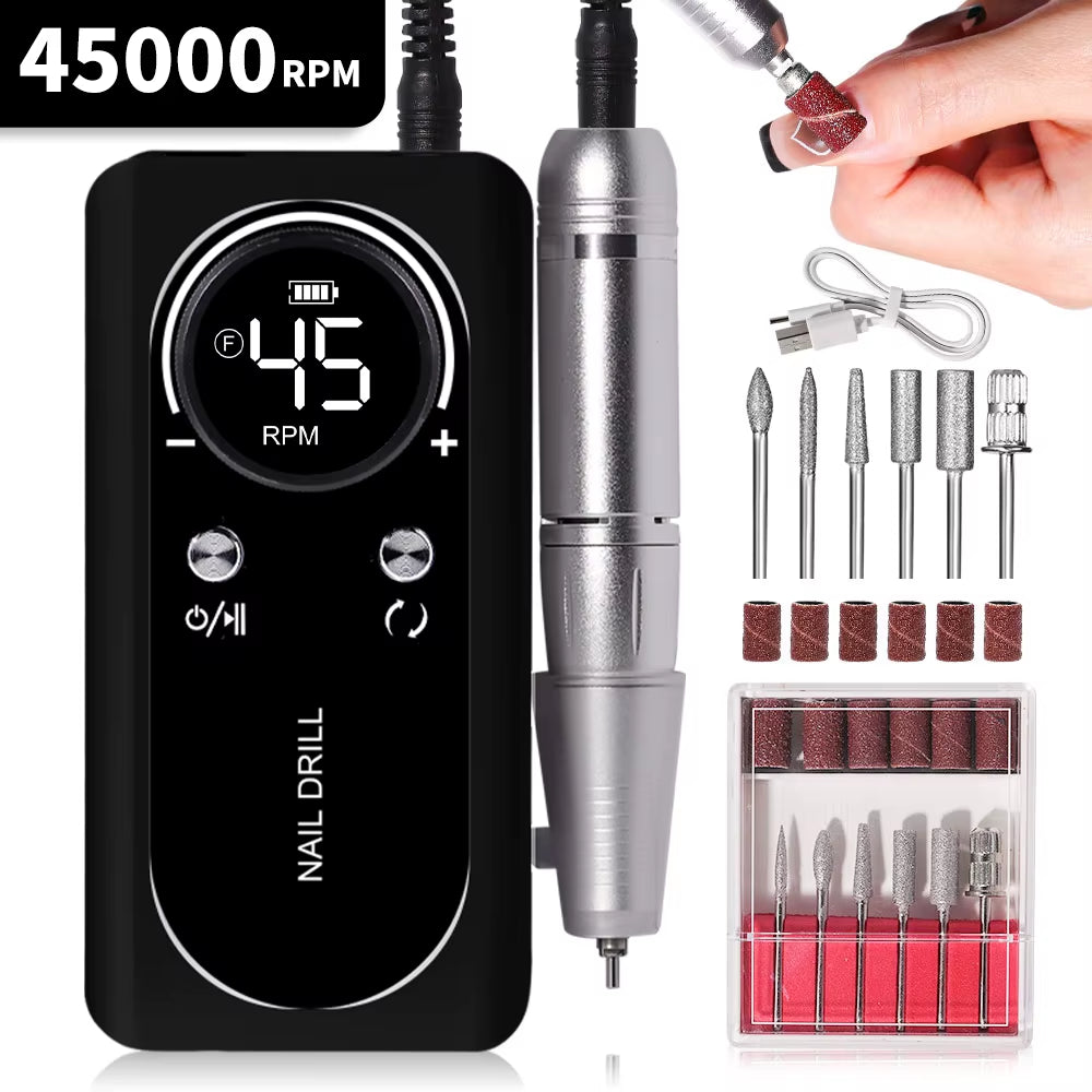 High-Speed 45000RPM Rechargeable Electric Nail Drill - Low Noise Portable Manicure Tool for Professionals