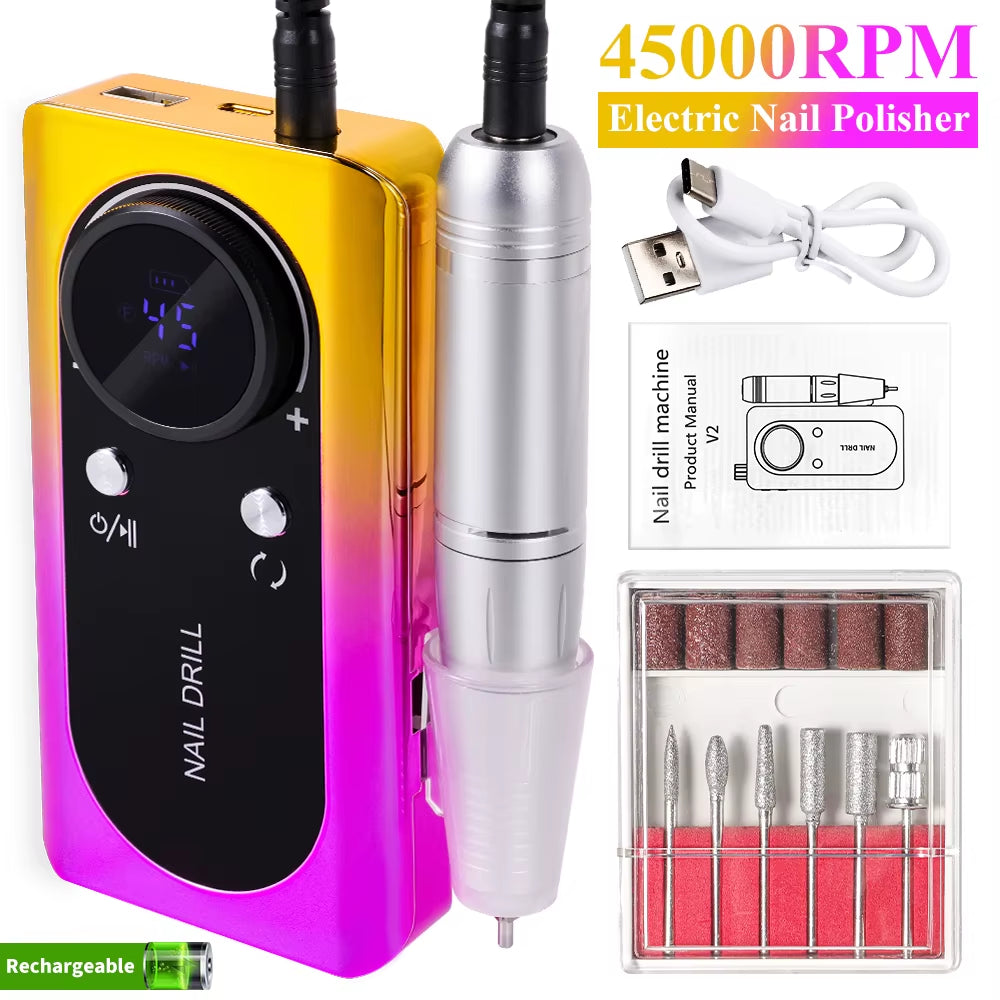 High-Speed 45000RPM Rechargeable Electric Nail Drill - Low Noise Portable Manicure Tool for Professionals